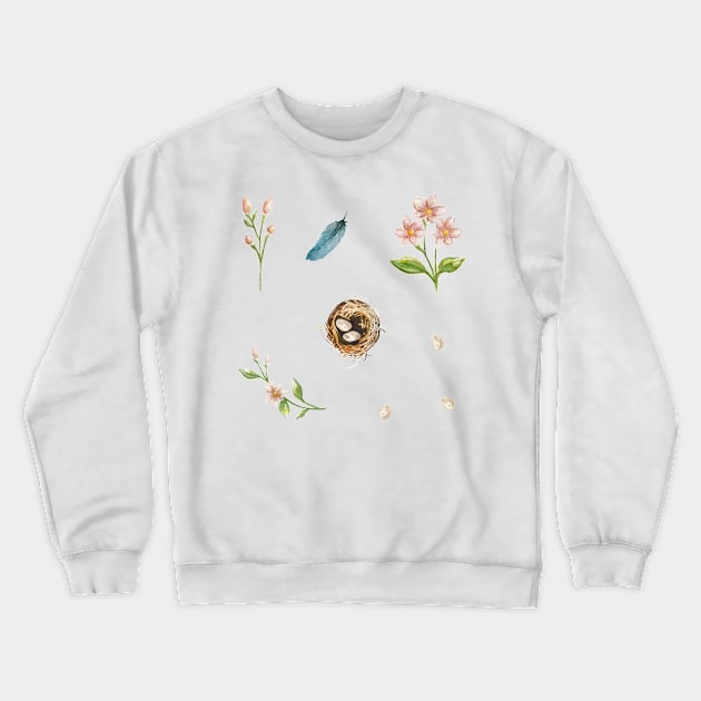 Spring Apple Blossom Nest and Feather Watercolour Crewneck Sweatshirt by EmilyBickell
